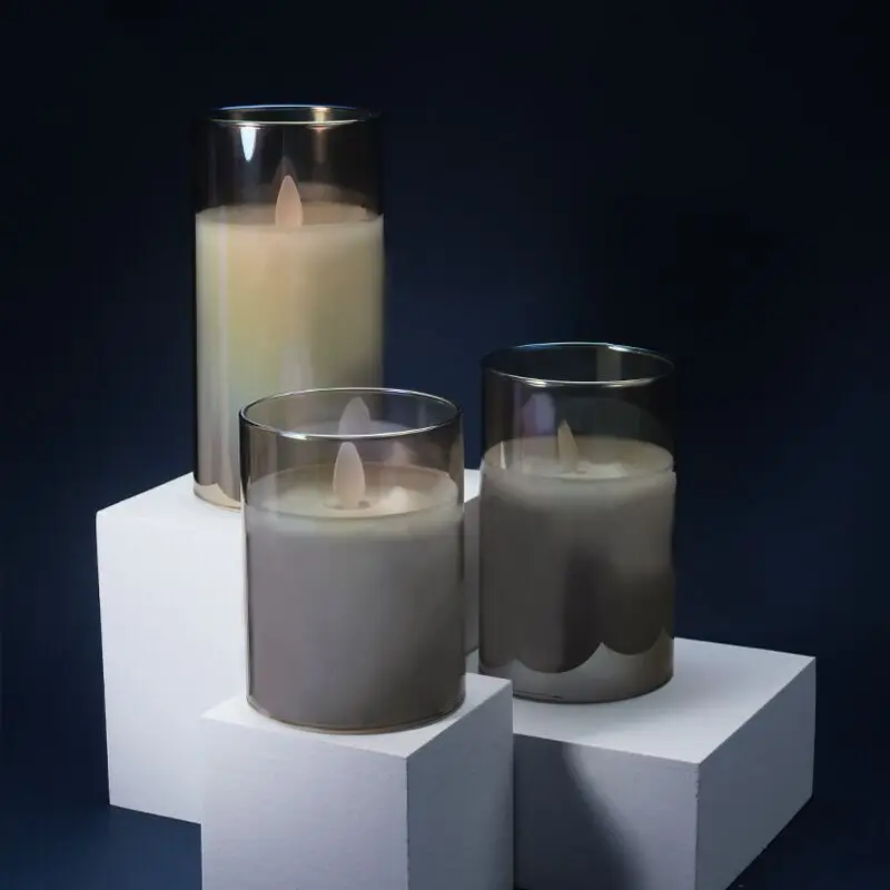 Remote controlled Battery operate Pillar Candle Paraffin Wax LED Glass Candle Dancing Swinging wick Home Bar Decoration-Grey