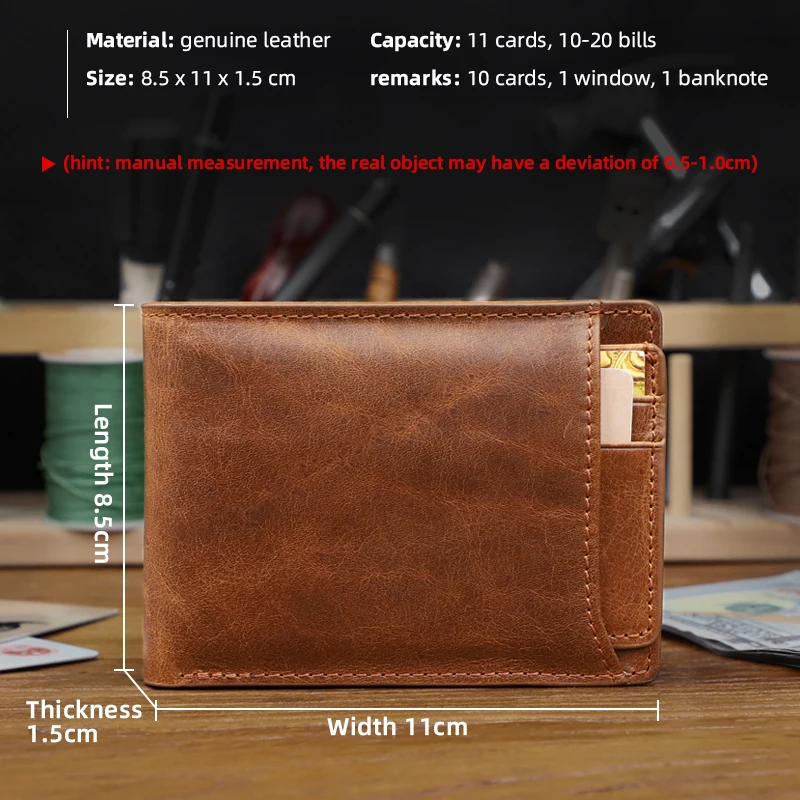 Men\'s Slim Short Wallet Genuine Leather Small Money Purse Retro Thin Wallets For Male With Removable Credit Card Holder Cover