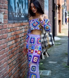 Hand-made Granny Square Hand Crochet Article Manual Hollow Out Knitted Sleeveless Tops Skirts Bohemian Embroidery Holiday