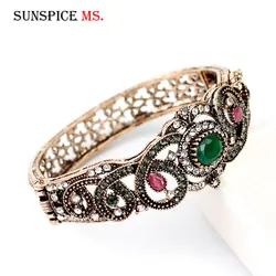 Sunspicems Retro Vintage Turkish Crystal Cuff Bracelet Antique Gold Color Ethnic Wedding Bangle Jewelry Gift