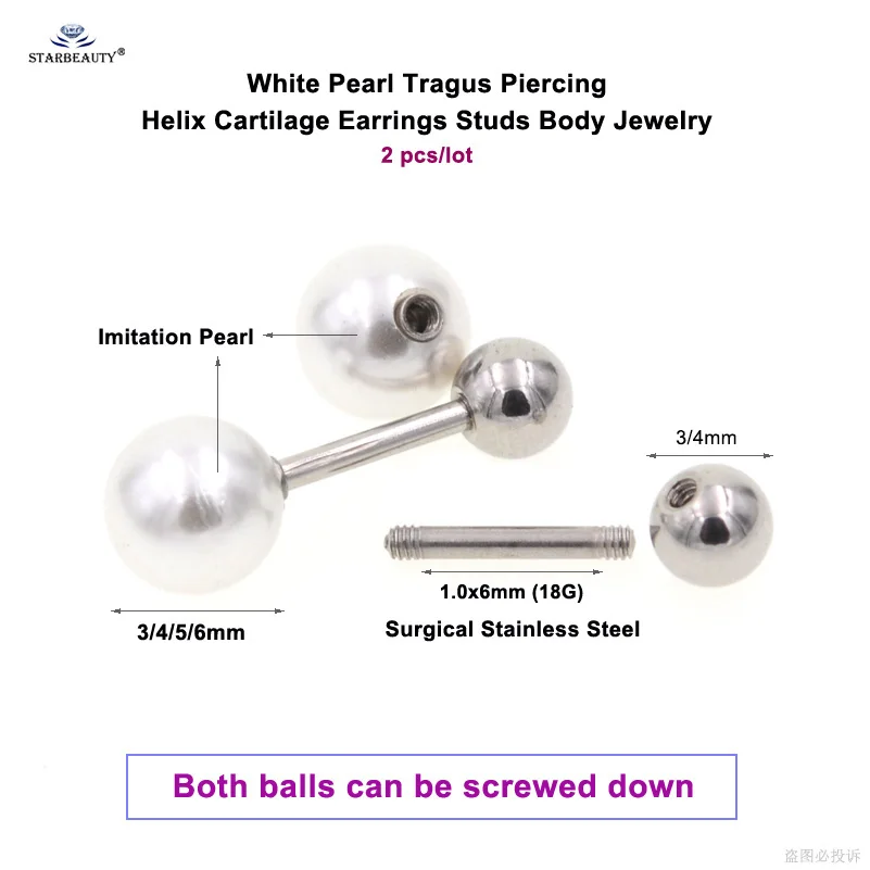 Perfect Round Pearl 2pcs 1.0x6mm 18G Tragus Piercing Oreja Cartilage Earrings Nose Ring Stud Ear Piercing Pearl Helix Piercing