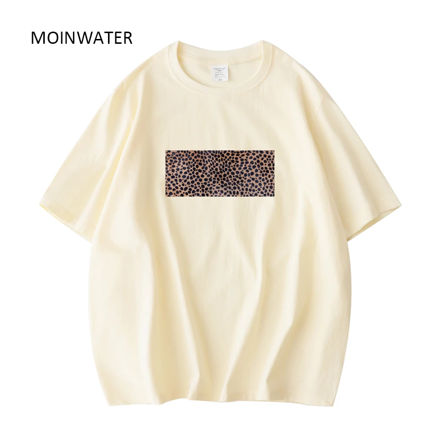 MOINWATER Women New Leopard Pattern Tees Female Khaki Short Sleeve Summer Tops Lady Green Cotton T-shirts MT21032