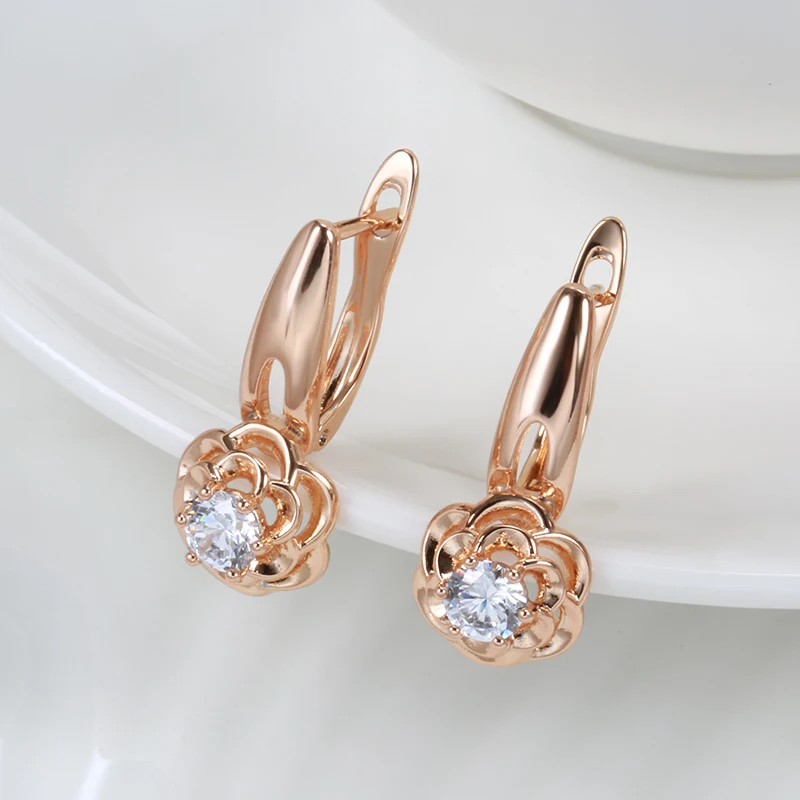 Kinel Trend Unusual Crystal Flower Earrings 585 Rose Gold Metal Natural Zircon Drop Earrings Fashion Creative Wedding Jewelry