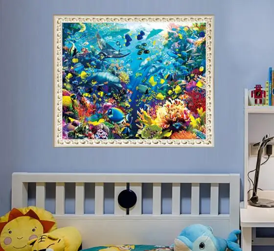 Needlework, cross stitch full embroidery kit,underworld blue sea fish landscape printed pattern cross stitch handwork gift
