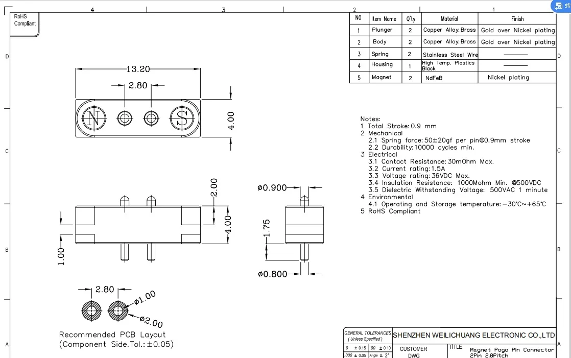 Pogo Pin 2-pin Männlich Weiblich Weibliche 2,80mm Pitch Power Lade Magnetische Männlichen Buchse
