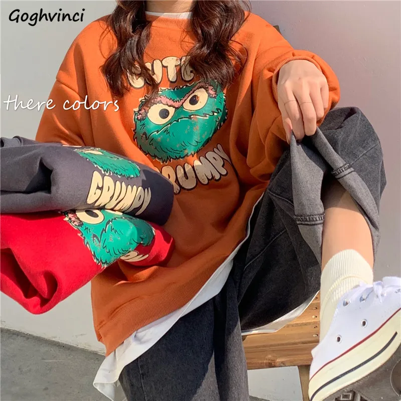 Hoodies Women Loose O-Neck Printed BF All-match Students Simple Streetwear Chic Korean Style Womens Top Daily Friends Fashion