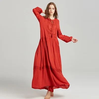 TEELYNN long sleeve maxi dresses women tunic cover up red floral embroidery v neck tassel long dress Casual loose boho vestidos