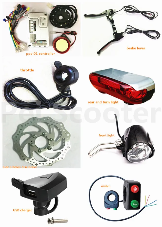 brushless motor scooter ebike conversion kits,controller,throttle,brake lever,disc brake,lights,USB charger all-02