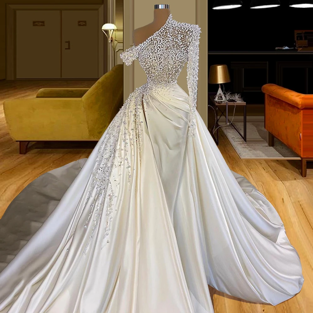 

Luxury Pearls Beaded Wedding Dresses With Detachable Train 2024 Dubai Woman Bridal Gowns Satin Evening Wedding Vestidos De Novia