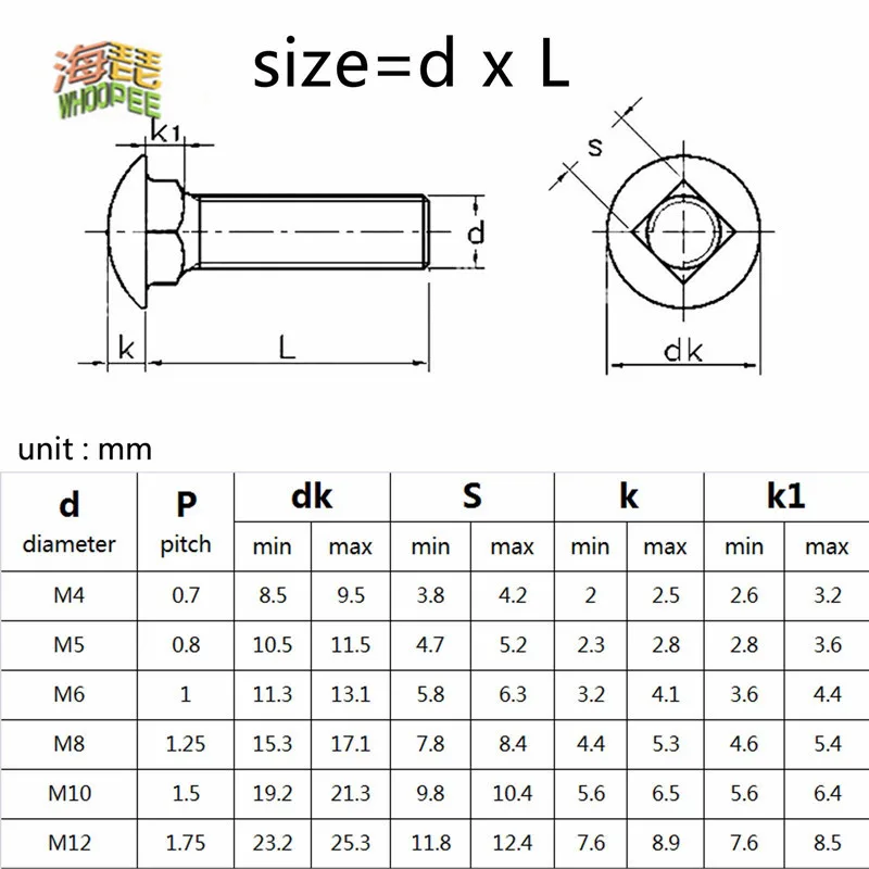 1-50pcs M3 M4 M5 M6 M8 M10 M12 A2-70 304 Stainless Steel GB12 DIN603 Truss Round Head Square Neck Carriage Screw Coach Bolt