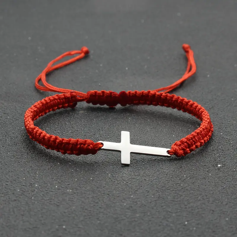 Image 3: Bracelet à breloques croix unisexe en acier inoxydable fait à la main pour hommes et femmes, bracelets tressés réglables, chaîne rouge porte-bonheur, cadeau de bijoux de manchette