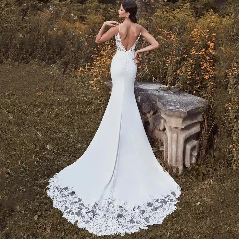 YunShang Lace Mermaid Wedding Dress 2024 Spaghetti Straps V-Neck Sleeveless Elegant Bridal Gown Long Sweep Train Sexy Open Back