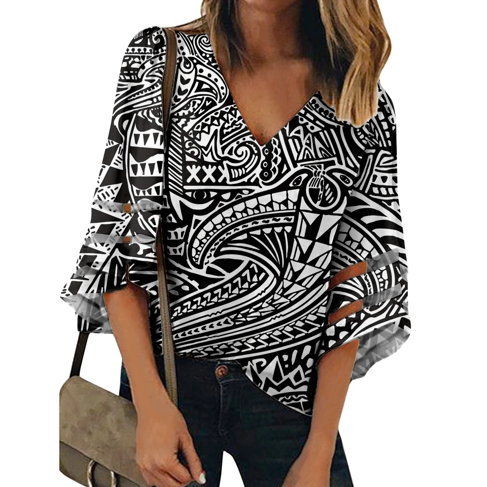 Chic V Neck Floral Print Soft  Casual Loose Shirt Bell Sleeve Chiffon Tops Travel Shopping Clothes Women Polynesian Style