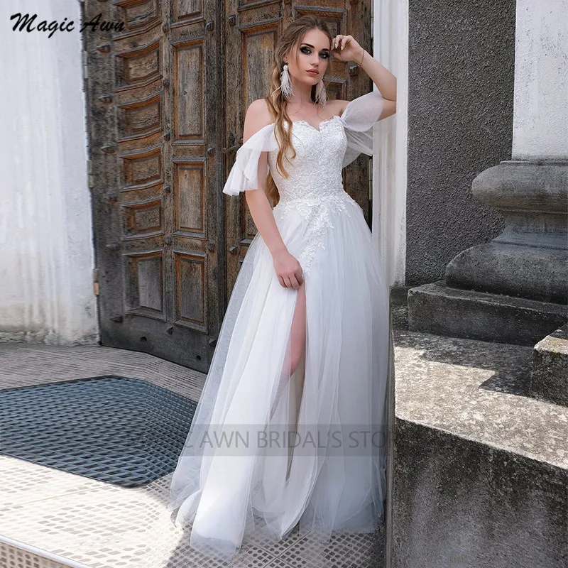 Magic Awn-vestidos de boda bohemios con hombros descubiertos para mujer, Apliques de encaje con Raja lateral, vestidos de fiesta de boda con cordones en la espalda, 2021