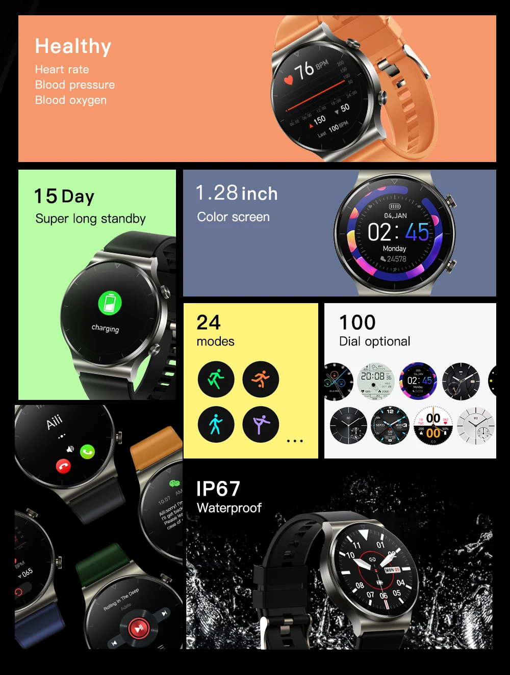 Smart Bracelet Watch 1.28 Inch HD TFT Full Round Color Screen Men Women Music Watches with Phone Calls