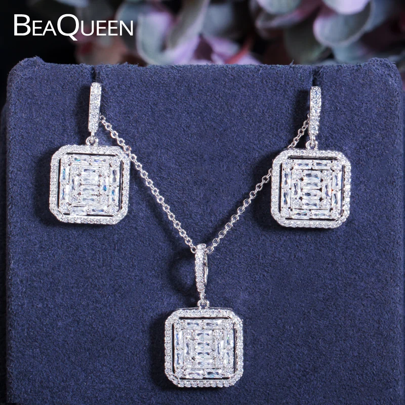 

BeaQueen New Fashion Baguette CZ Crystal Square Earrings and Pendant Necklace Cubic Zirconia Jewelry Sets for Women Gift JS271