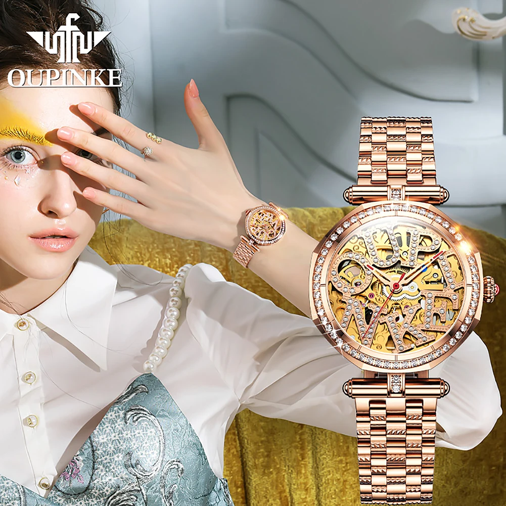 OUPINKE Brand Luxury Automatic Watch Rose Gold Steel Case Vogue Dress Watches Skeleton Transparent Women Mechanical Wristwatches