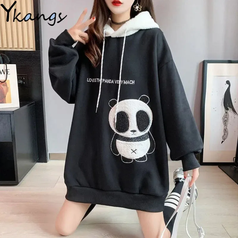 

Campus Style Cartoon Patch Women's Pullover Y2k Loose Hooded Ladies Sports Top New Autumn Winter Plus Velvet Long-sleeved Jacket