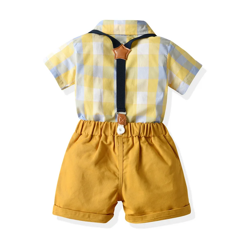 Top and Top New Baby Kids Boy Gentleman Clothing Sets Short Sleeve Plaid Bowtie Shirt Tops+Overall Pants Formal Outfit 12M-5Y