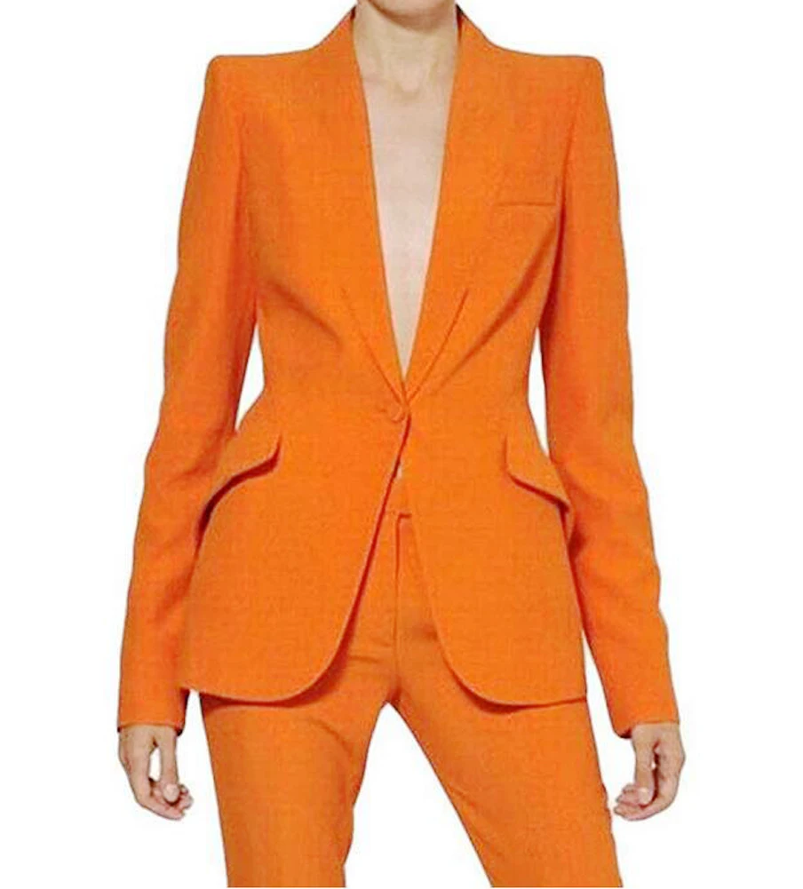 

2023 High Quality Orange Women Pantsuits Work Pant Suits OL 2 Piece Sets Women Blazer Jacket & Pencil Pant Suit For Women Set