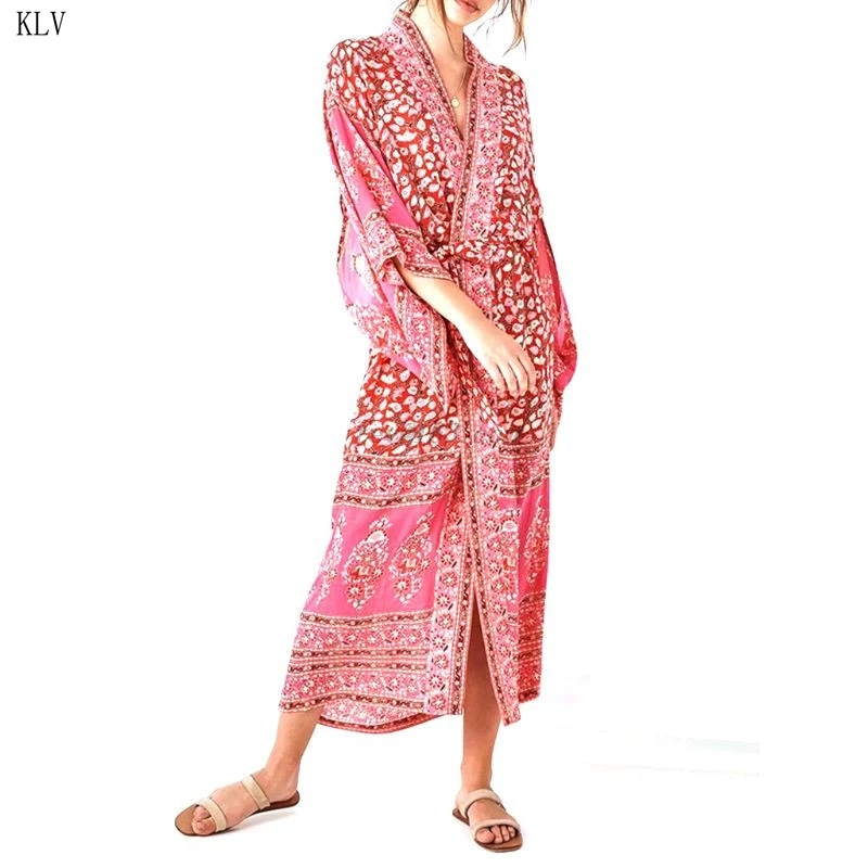 Womens Spring Vacation Chiffon Kimono Cardigan Retro Red Floral Printed Swimsuit Cover Up Loose Mid-Calf Maxi Length Beach Dress