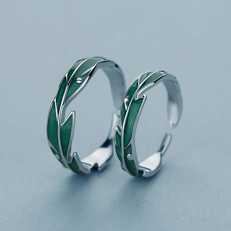 

Sweet Simple Irregular Green Leaves Couple Ring For Women Lover Silver Color Open Resizable Rings Romantic Wedding Jewelry
