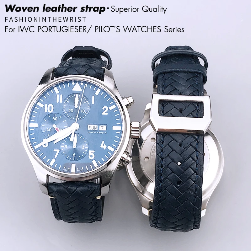 20mm 21mm 22mm Weave Leather Watchband Fit for IWC Portugieser Pilot's Watches Genuine Cowhide Curved End Watch Strap