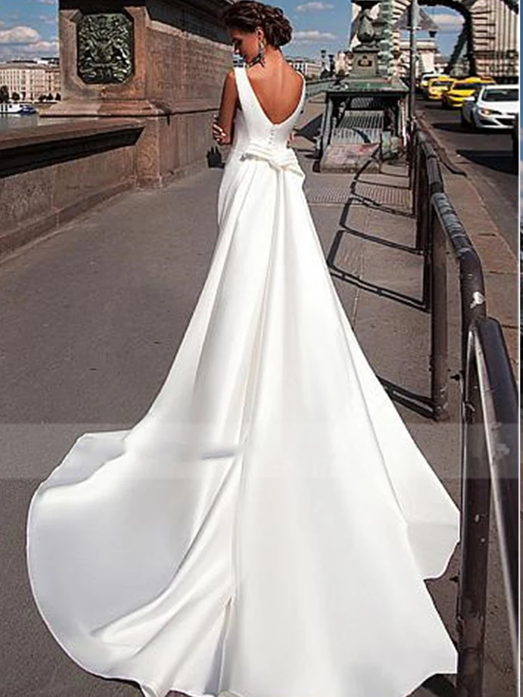 Personalizado elegante sereia vestido de casamento para mulher 2025 branco destacável simples trem sem costas cetim vestido de noiva robe re mariee