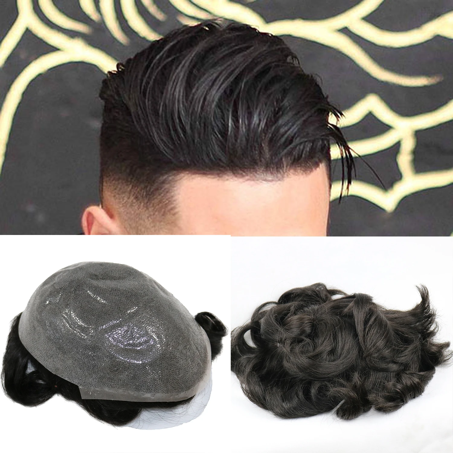 Cutestyle Hair Piece Men Thin Skin Toupee for Men Men's Hair Pieces Replacement System  1B65 Color Human Hair Mens Wig