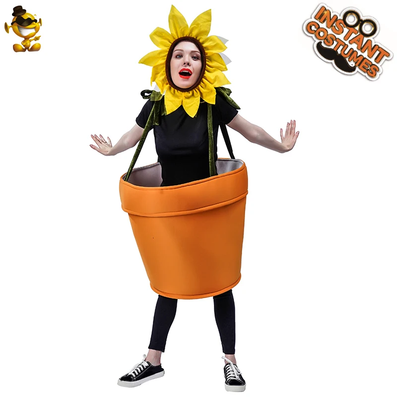 QLQ Adult Sunflower Costume Fancy Dress Women's Flower Pot Hoodie Dress Cosplay Men's Sunflower Jumpsuit