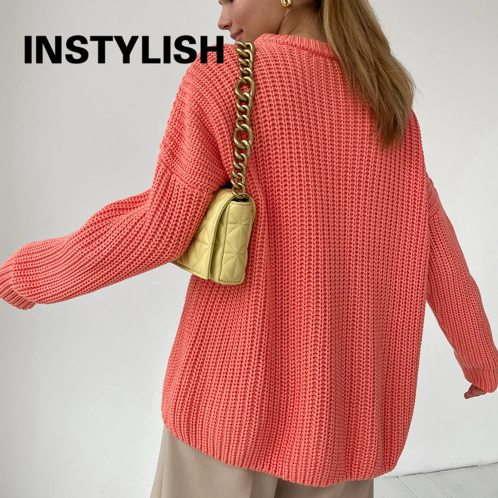 Instylish Long Sleeve O Neck Loose Sweater Elegant Solid Thick Oversized Pullover Vintage Cashmere Knitted Tops Harajuku Jumpers