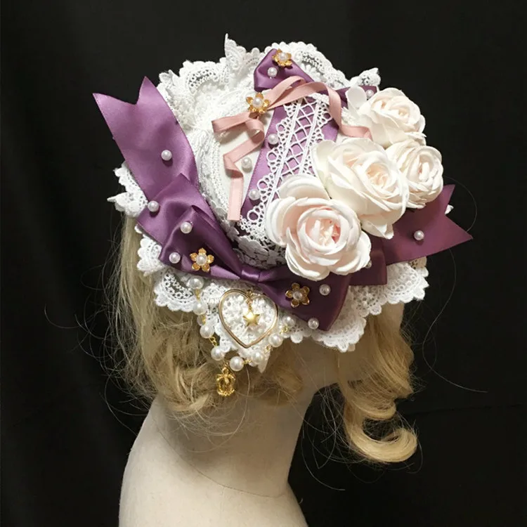 Sweet Lolita Handmade Headdress Top hat Party lace Rose Flower Bow Pendant Hair Clip Hat Elegant Flat Cap