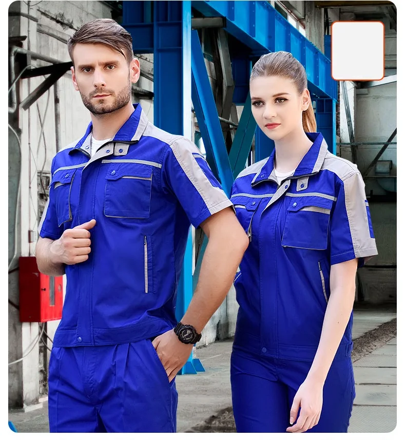 summer workwear Factory workshop uniforms Work clothes set short-sleeve coveralls contrast color safety work clothing reflective