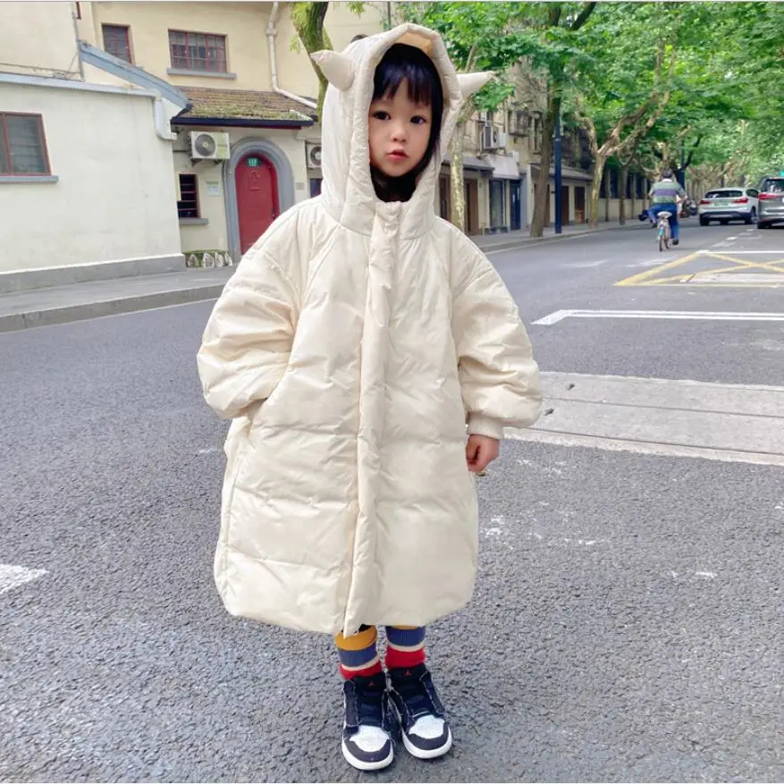 2021 Winter New Girl Down Jacket Children Hooded Long Loose White Duck Down Coats Kids Snowsuit Outerwear Children Parka wz323