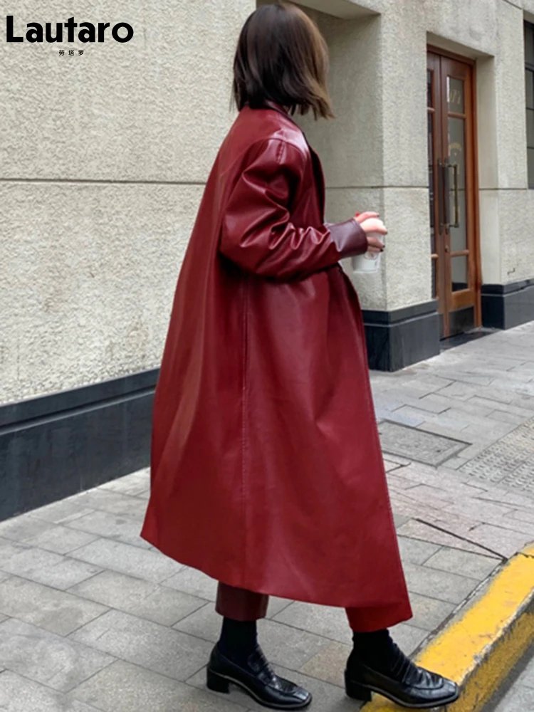 Lautaro-Wine Red Leather Trench Coat for Women, Long Sleeve, Lapel, Loose, Casual Stylish, Oversized, Korean Fashion, Autumn