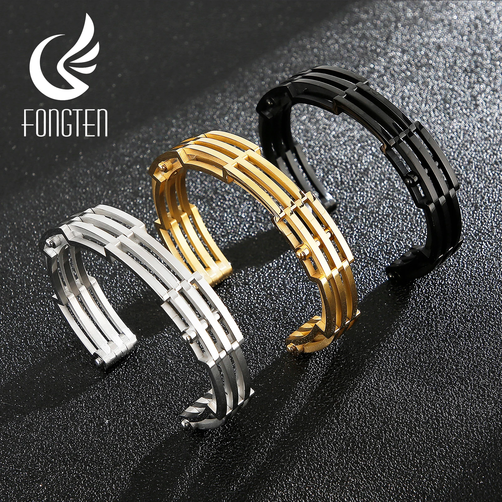 

Fongten Classic Wide Brand Stainless Steel Cuff Bracelets Simple Geometry Open Bangles Punk Men Jewelry