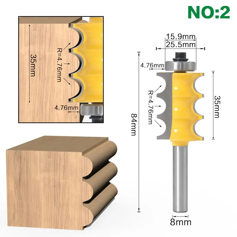 SHERUI 2PC 8mm Shank Triple Bead & Triple Flute Large Molding Router Bits Set Line knife Woodworking cutter