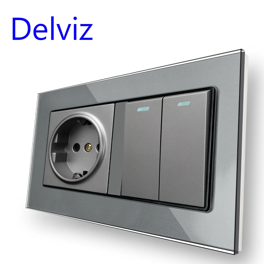 Delviz 16A الجدار مفتاح الإضاءة ، 2 عصابة 2Way / 1Way دفع زر على الخروج ، الأبيض خفف من الكريستال والزجاج لوحة ، الاتحاد الأوروبي مقبس الطاقة القياسية #3