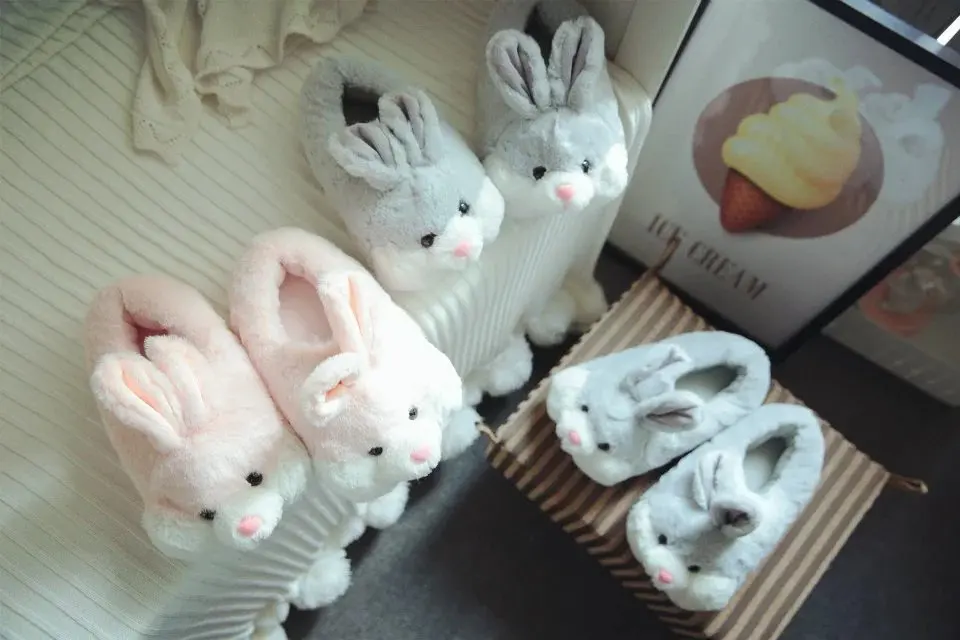 2021 Cute Pink Rabbit Gray Bunny Slipper Cartoon Animal Plush Slippers Female Winter Warm Rabbit Home Woman Slipper