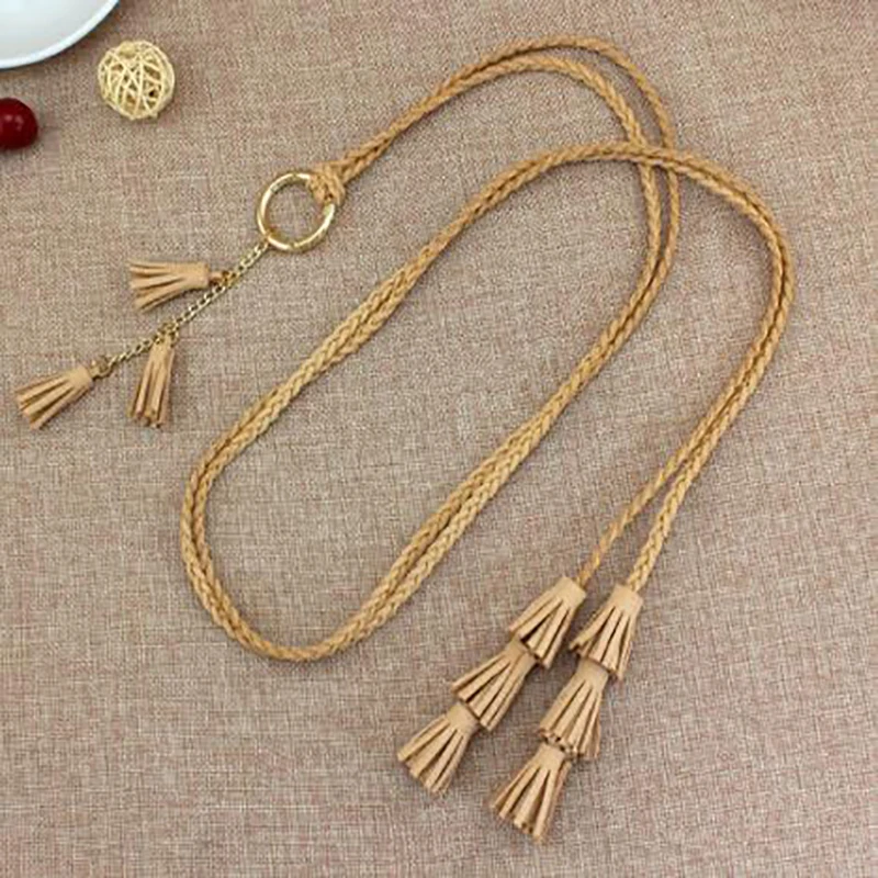 Fashion Women Solid Color Braided Tassel Belt 2023 Boho Girls Thin Waist Rope Knit Belts For Dress Waistbands Accessories