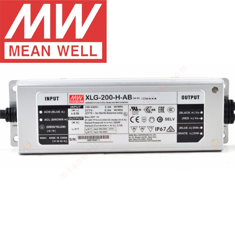 

Mean Well XLG-200-H-AB IP67 Metal Case 3 in 1 dimming lighting meanwell 27-56V/3500-5550mA/200W Constant Power Mode LED Driver