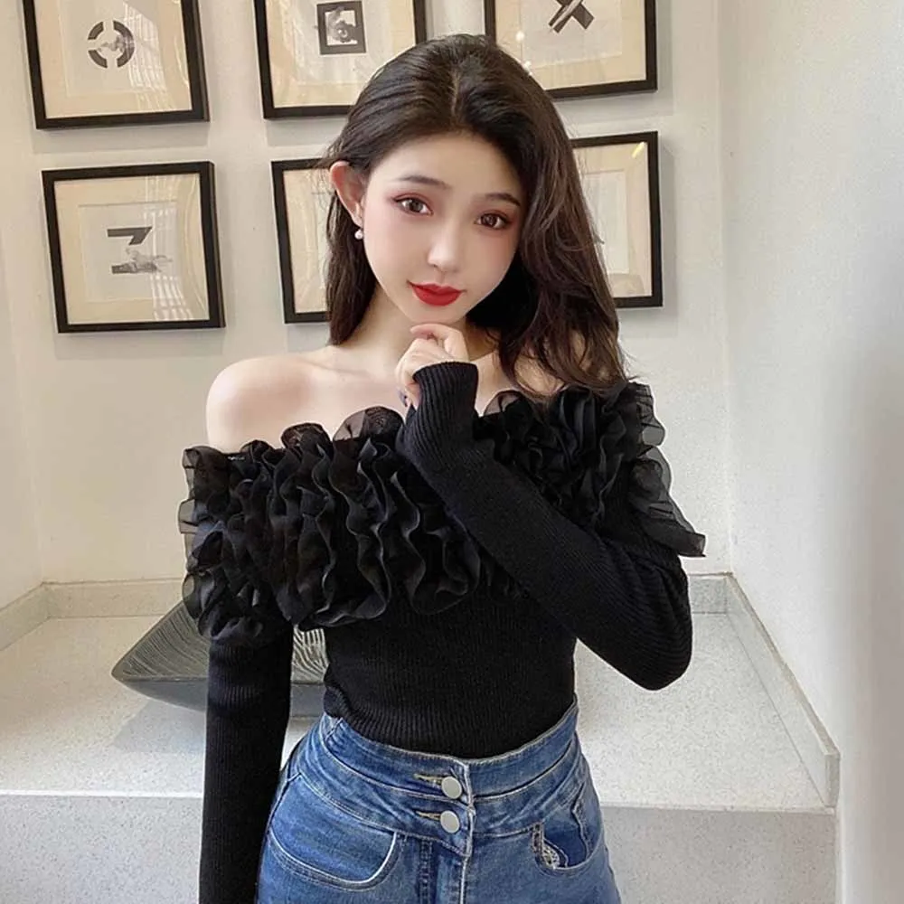 Women New Knitted Sweater Spring Autumn 2022 Korean Style Slash Neck Fungus Colorblock Pullovers Outwear Casual Knitwear Tops