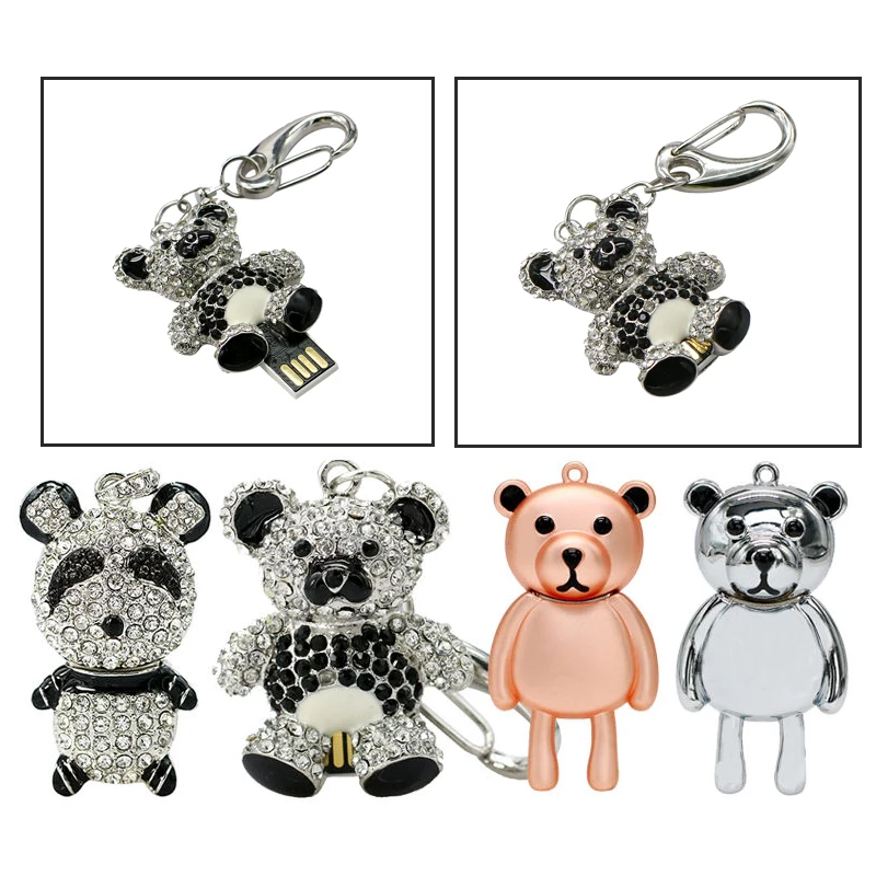 USB Flash Drive 128GB Cartoon Diamond Little Bear Pendrive Usb 2.0 4GB 8GB Crystal Panda Pen Drive 16GB Key Ring USB Memory Disk