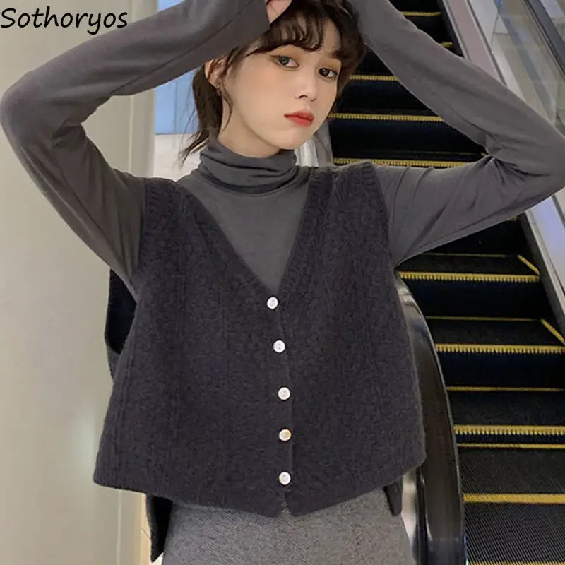 Solid Women Sweater Vest Single Breasted Casual All Match Knitted Loose V-neck Elegant Korean Style Outwear Fashion Daily Female