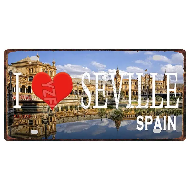 【YZFQ】30X15CM Spain City  Seville Vintage Metal Sign Barcelona Travel Souvenir  Wall Bar Home Shop Decor Plaques Poster DC-1054B