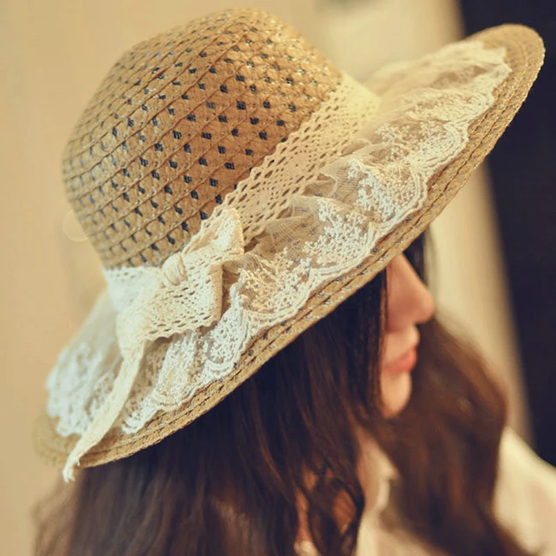 Women Lace Sun Hats For  Wide Brim Straw Beach Side Cap Floppy Female Straw Hat Lace Solid Fringe Straw Hat Summer Hat Chapeu