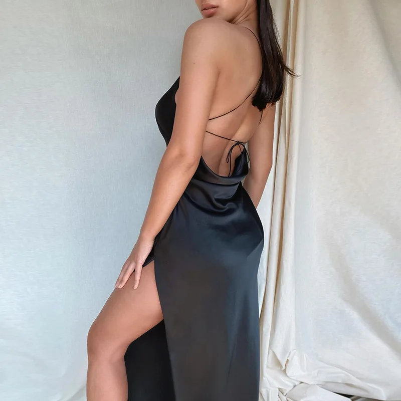 Hirigin-Robe Longue en Satin Soyeux pour Femme, Tenue Fendue, Dos aux, Drapée, Batterie, Soirée, Plage, Sexy, Été