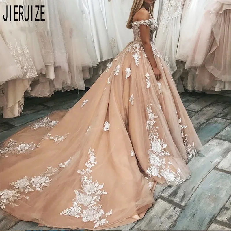 JIERUIZE Wedding Dresses Off Shoulder Lace Appliques Lace Up Back champagne Puffy Bridal Gowns Bride Dresses robe de mariee