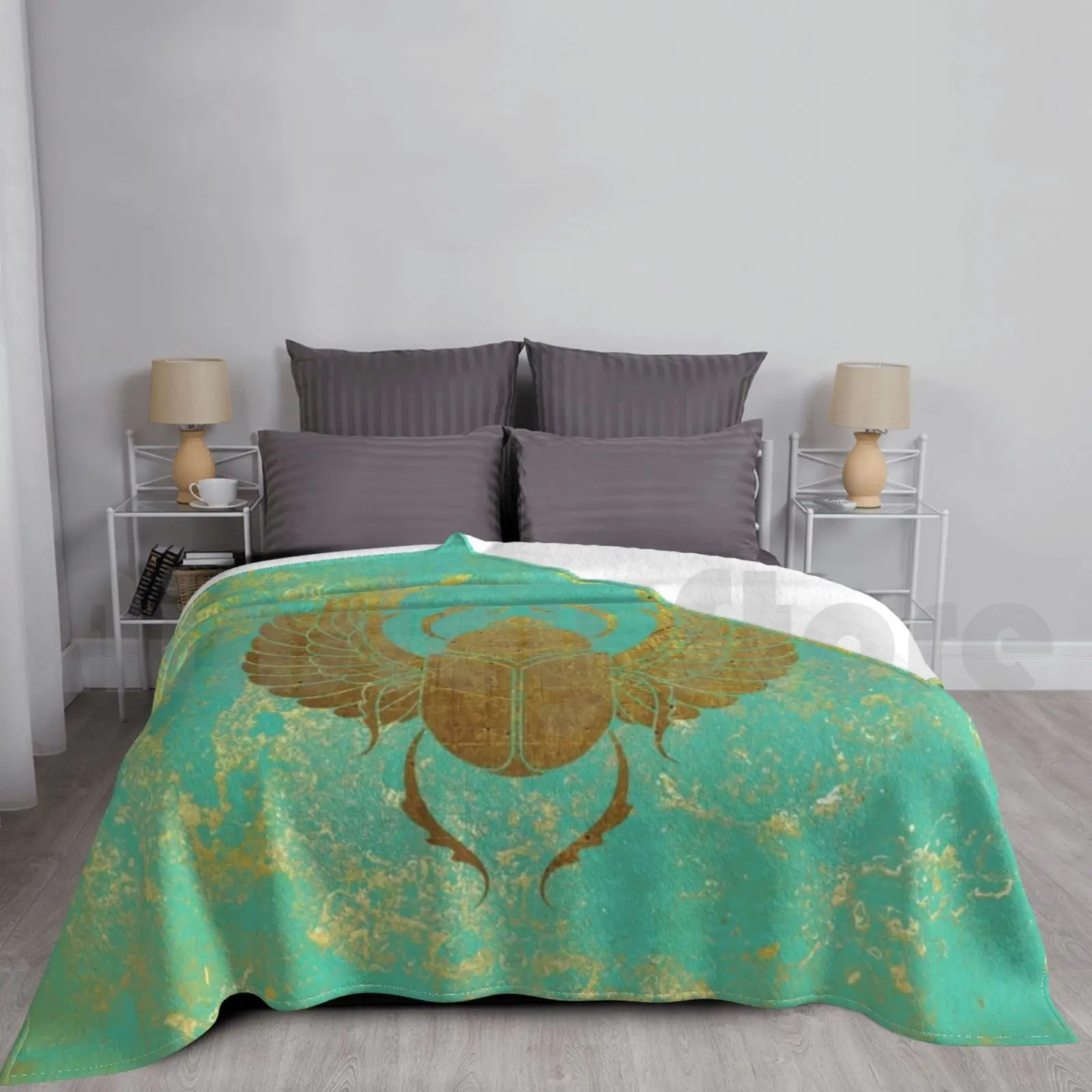 Ancient Egypt-Scarab Blanket For Sofa Bed Travel Ancient Egypt Scarab Amulet Gold Cyan Turquoise Beetle