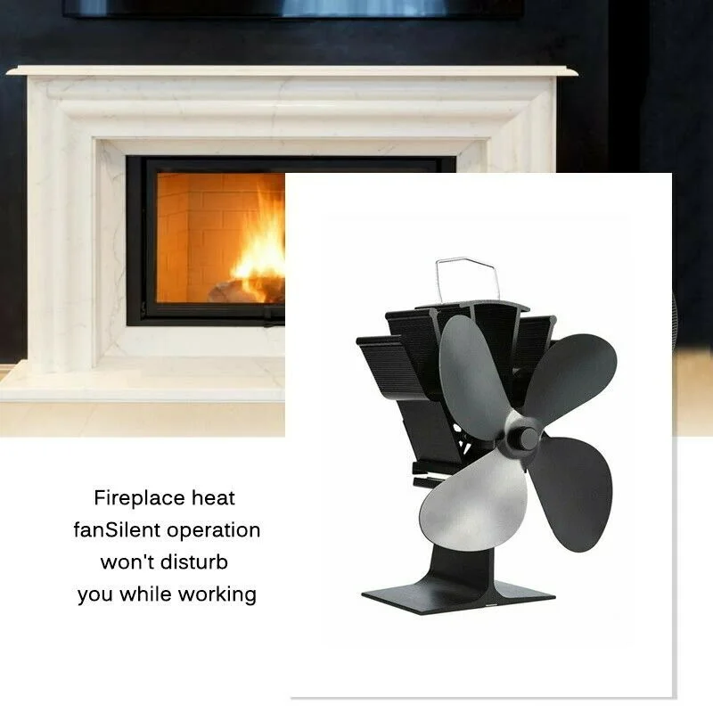 Ventilador de chimenea o estufa de 4 aspas para uso en el hogar, sistema de ventilación para quemador de madera, tranquilo, color negro, con